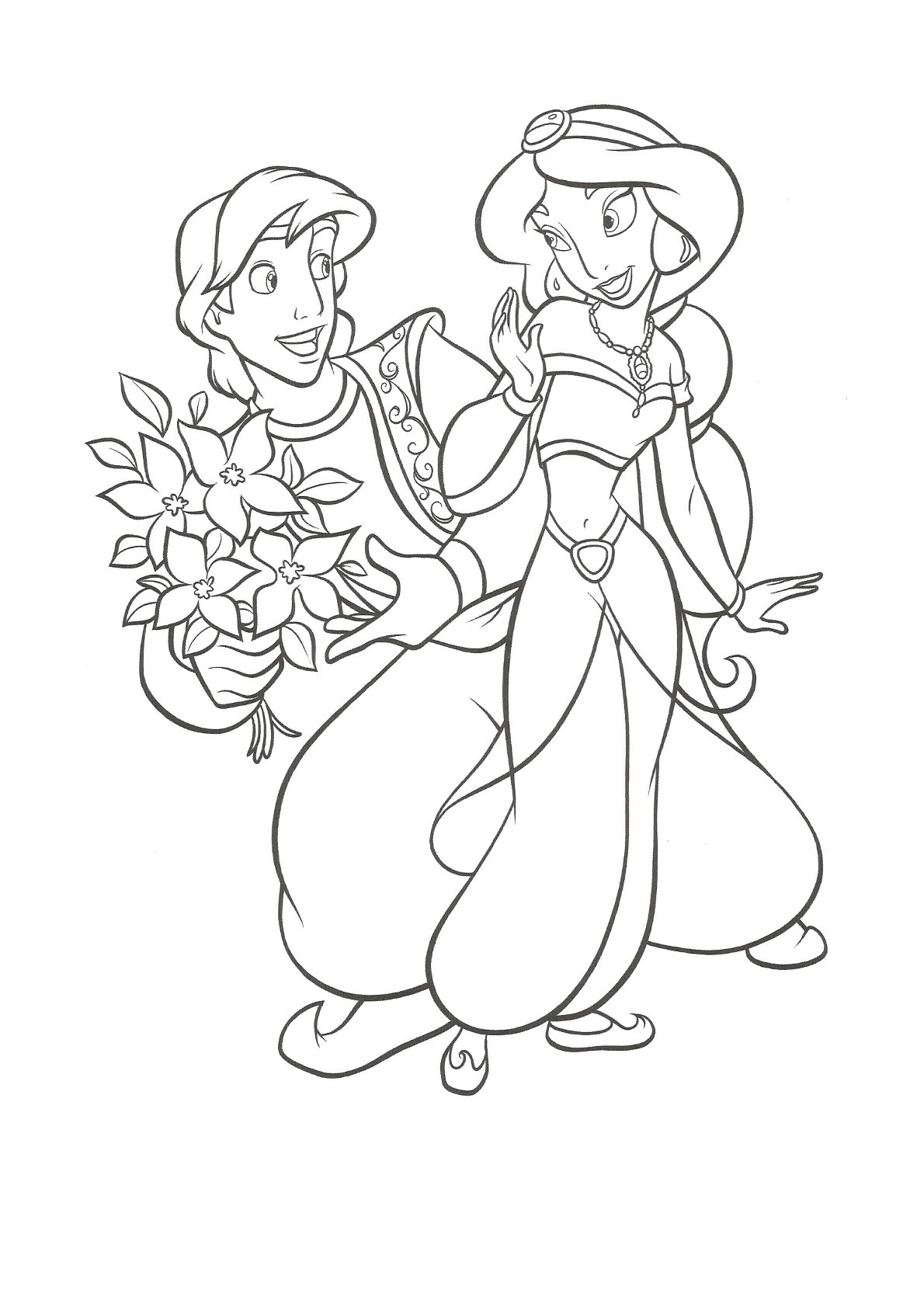 Dibujo de Aladdin y Jasmine con Flores de Aladdin para colorear e imprimir gratis - Personaje de Aladdin