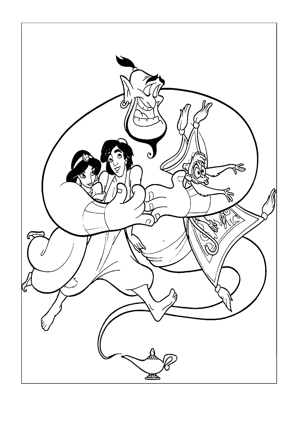 Dibujo de Aladdin, Jasmine y Genio de Aladdin para colorear e imprimir gratis - Personaje de Aladdin