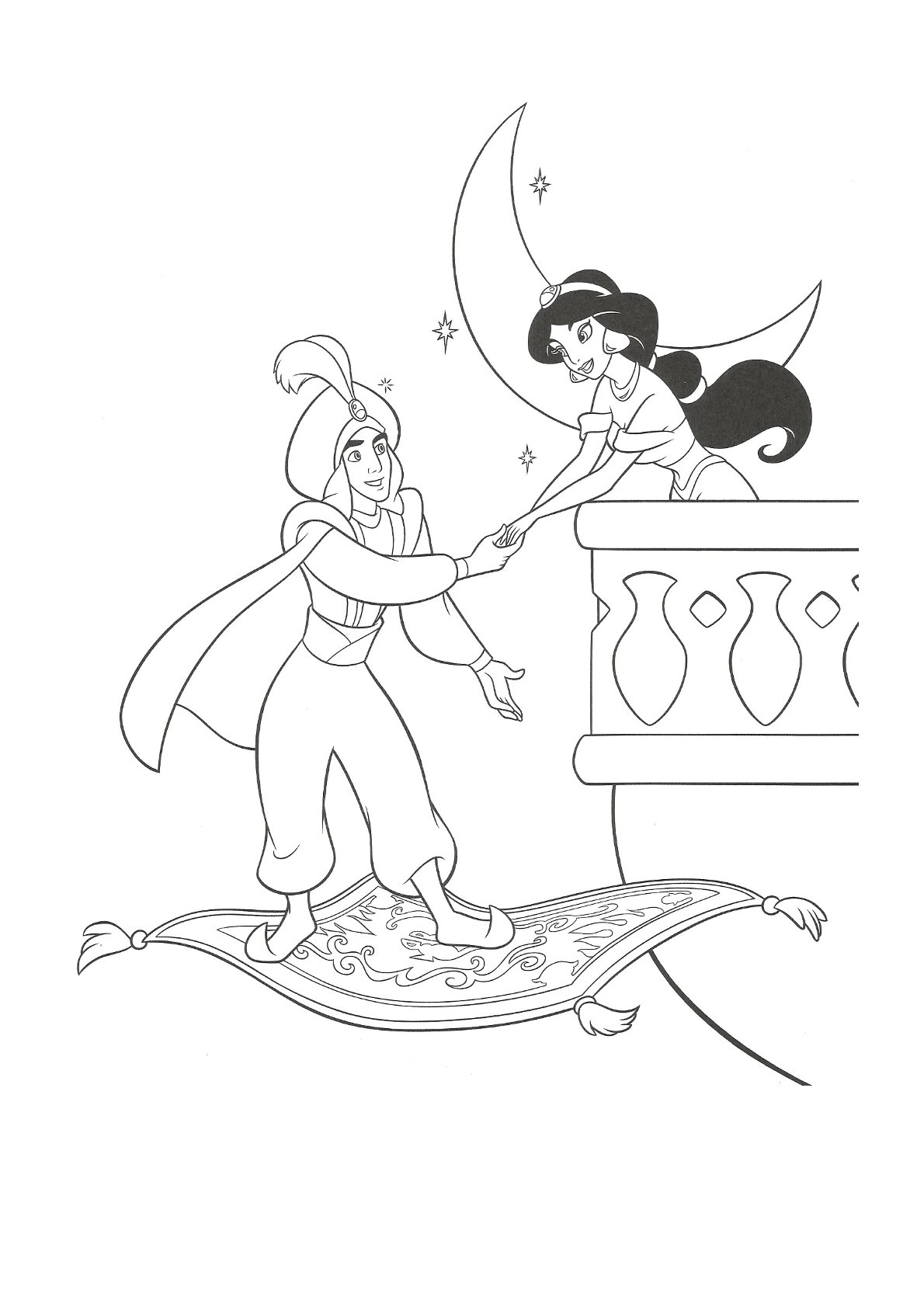 Dibujo de Aladdin y Jasmine bajo la Luna para colorear e imprimir gratis - Categoría Aladdin