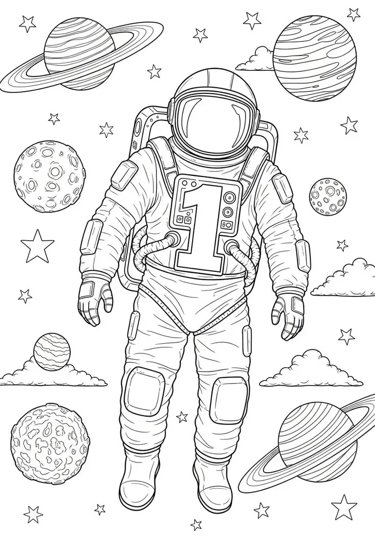 Astronauta Flotando entre Planetas para colorear