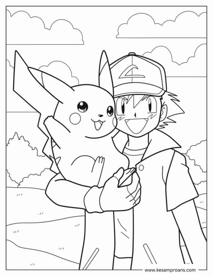 Dibujo de Ash y Pikachu en el Paisaje de Pokémon para colorear e imprimir gratis - Personaje de Pokémon