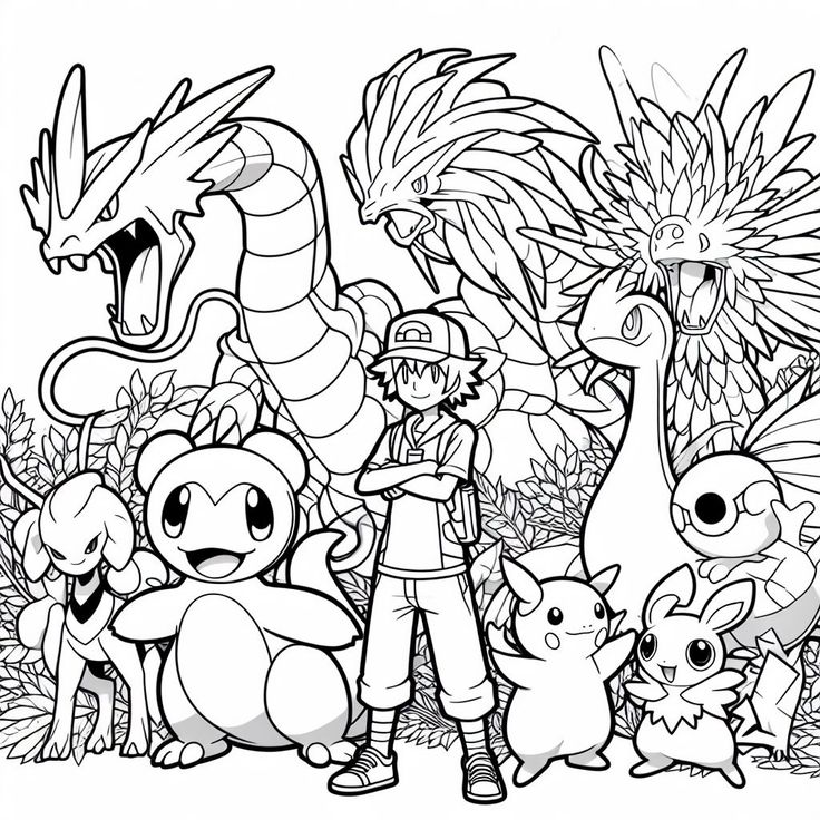 Dibujo de Ash y sus Pokémon de Pokémon para colorear e imprimir gratis - Personaje de Pokémon