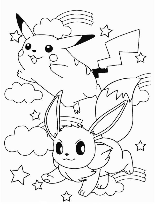 Dibujo de Pikachu y Eevee Volando de Pokémon para colorear e imprimir gratis - Personaje de Pokémon