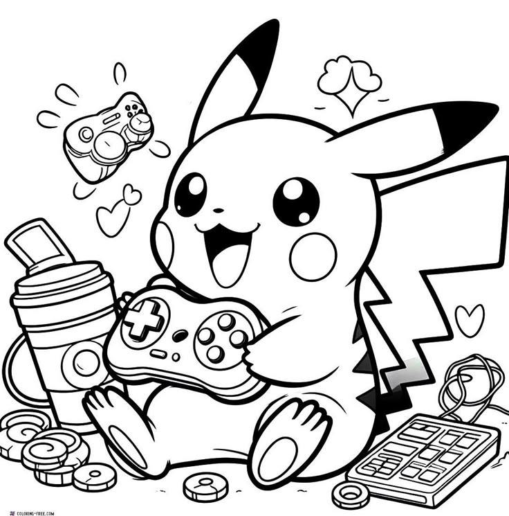 Dibujo de Pikachu Jugando Videojuegos de Pokémon para colorear e imprimir gratis - Personaje de Pokémon