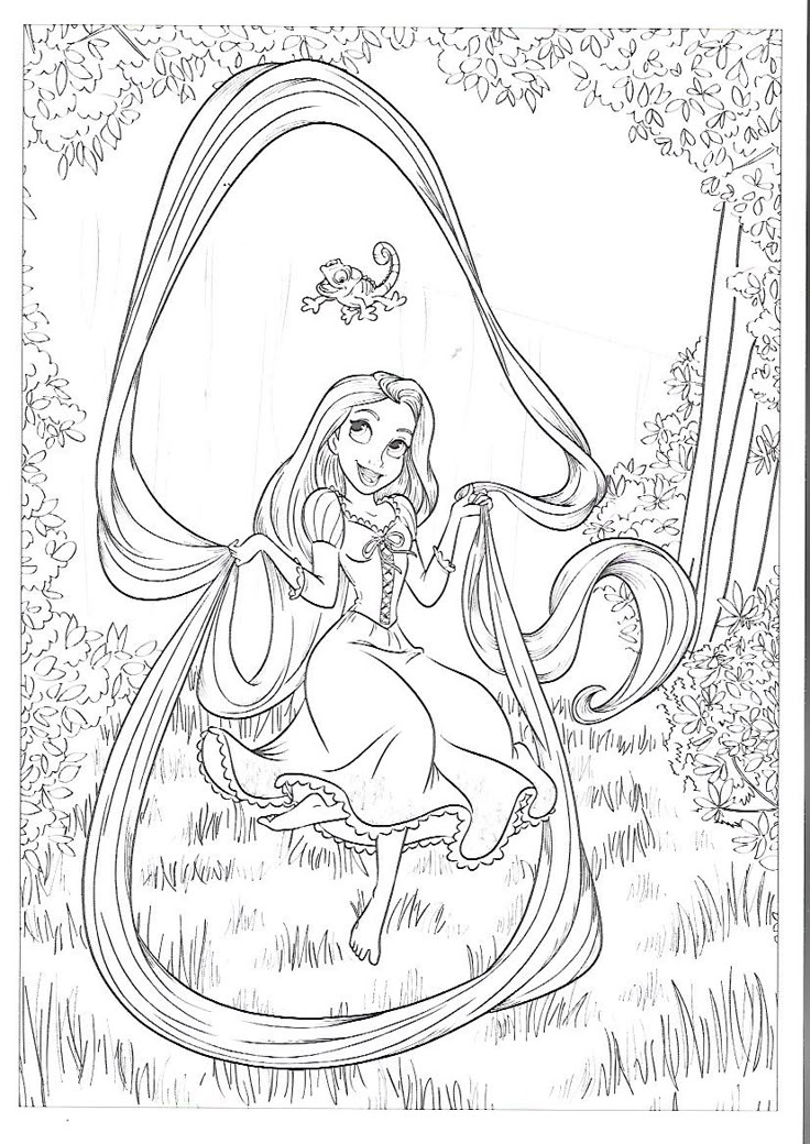 Dibujo de Rapunzel en Columpio de Pelo de Rapunzel para colorear e imprimir gratis - Personaje de Rapunzel