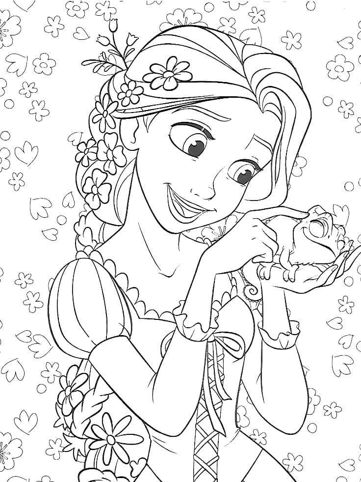 Dibujo de Rapunzel con Flores y Pascal de Rapunzel para colorear e imprimir gratis - Personaje de Rapunzel