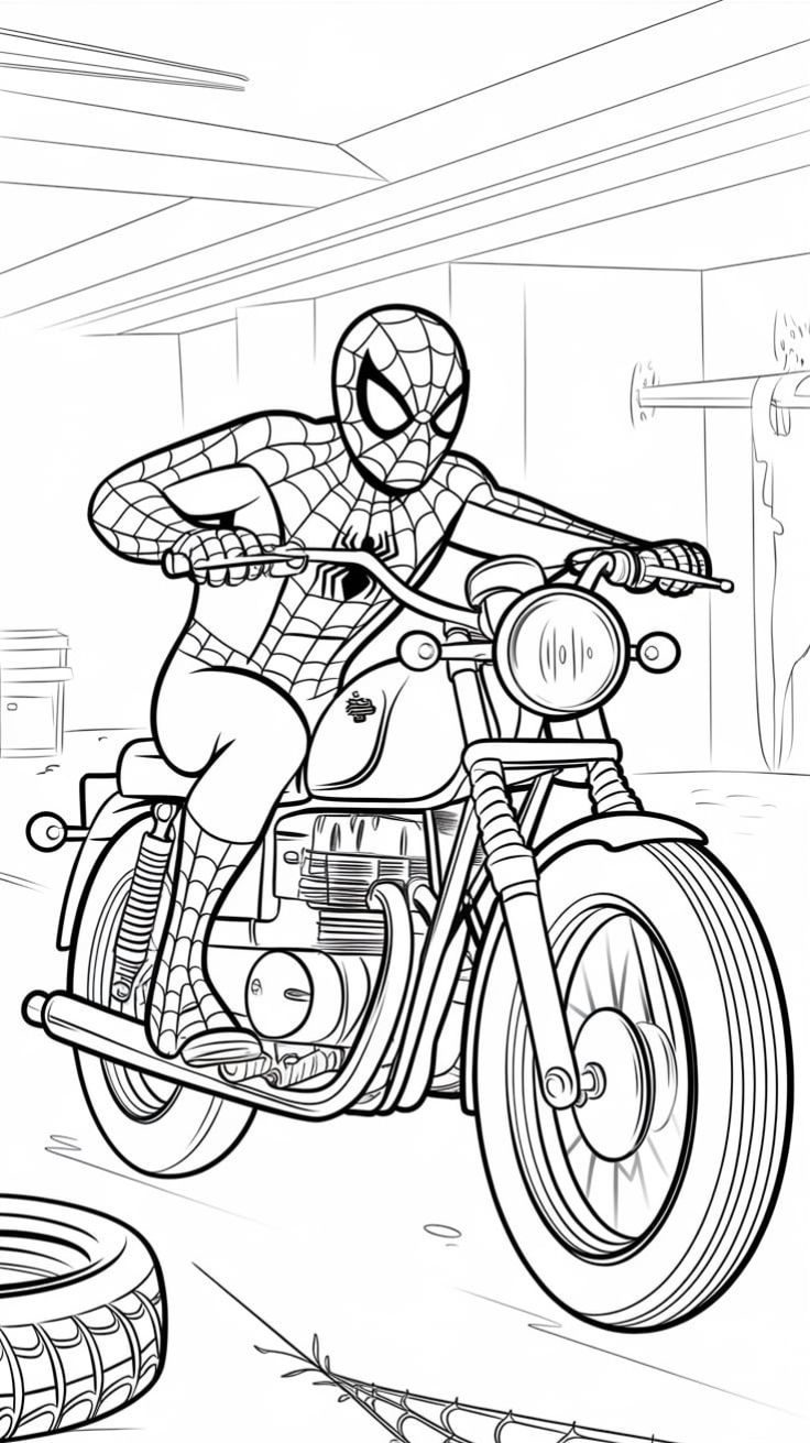 Dibujo de Spiderman en Moto Detalle de Spiderman para colorear e imprimir gratis - Personaje de Spiderman