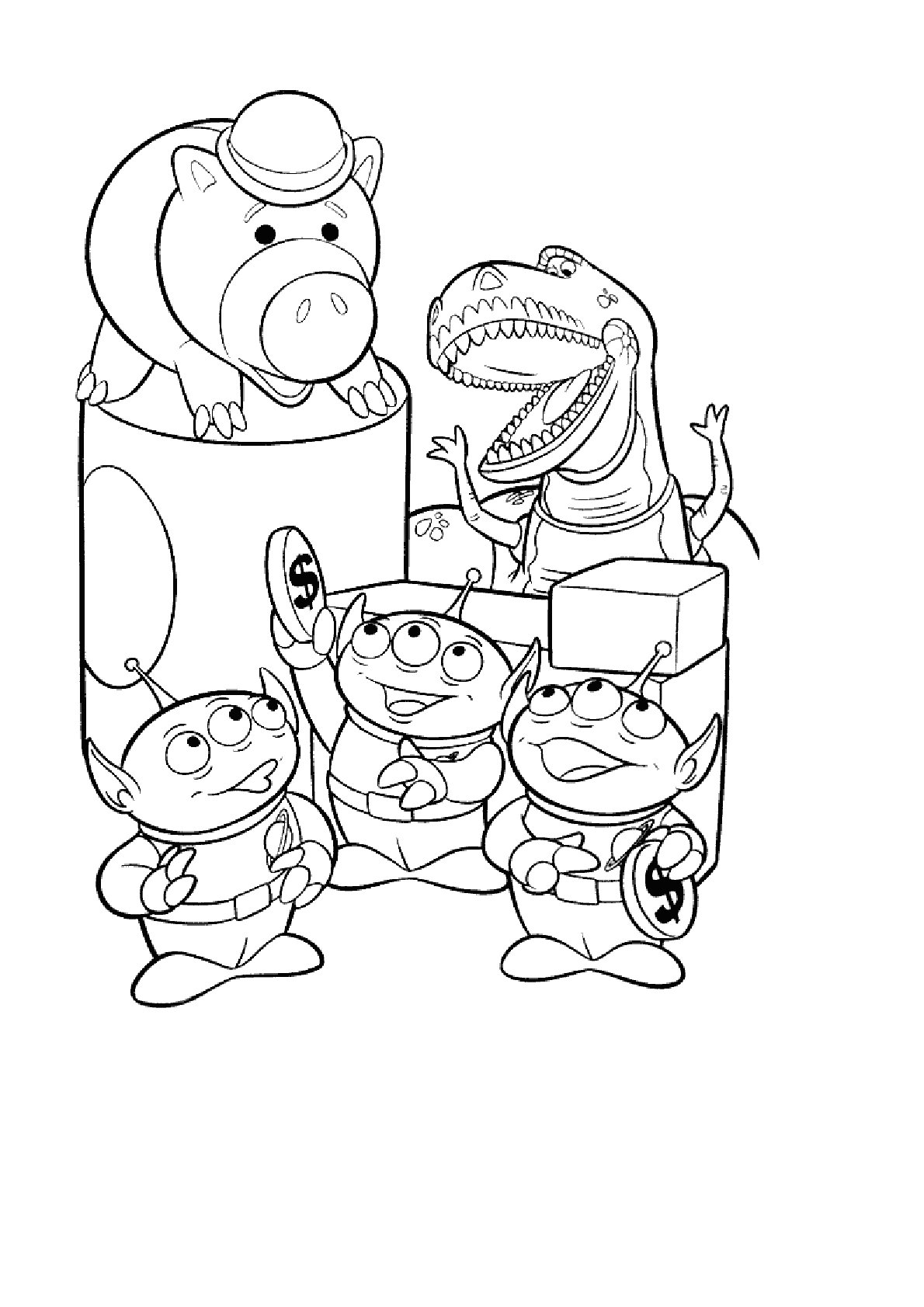 Dibujo de Aliens, Rex y Hamm de Toy Story para colorear e imprimir gratis - Personaje de Toy Story