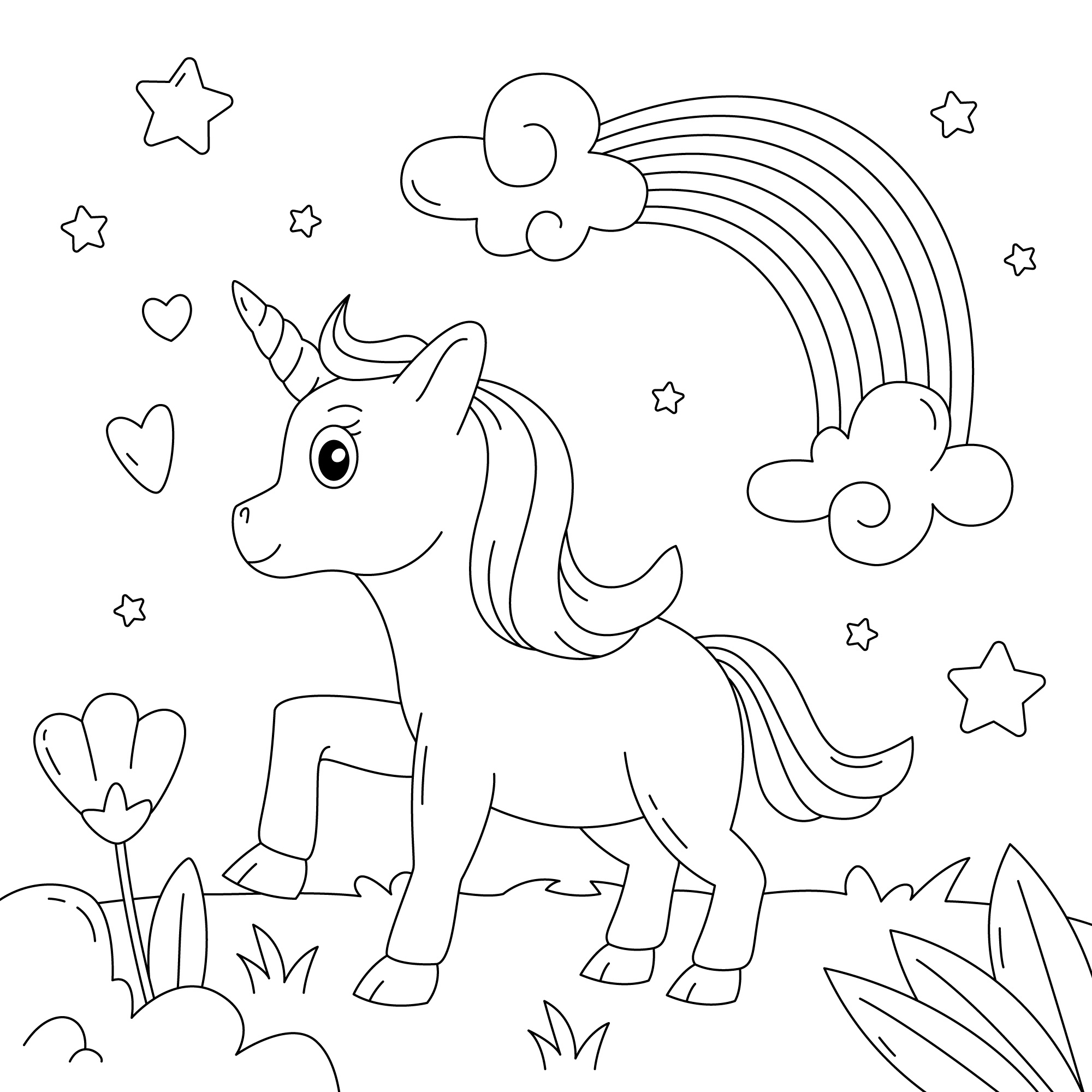 Dibujo de Unicornio en Campo con Arcoíris de Unicornios para colorear e imprimir gratis - Personaje de Unicornios